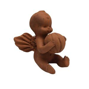Vintage Mexican Terracotta Cherub Figurine Sitting Angel With Pumpkin Folk Art